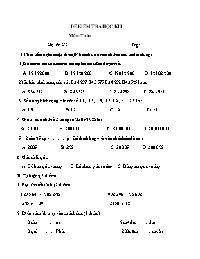 Đề kiểm tra học kì 1 môn Toán Lớp 4
